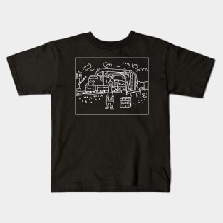 Rubber chicken visits train on a bridge Kids T-Shirt